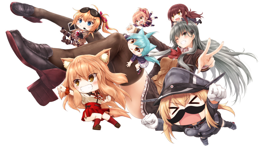 &gt;_&lt; 6+girls animal_ears aoba_(azur_lane) aqua_hair azur_lane black_legwear black_skirt blonde_hair blouse blue_eyes blush brown_cardigan brown_eyes brown_jacket brown_legwear brown_skirt brown_sweater cardigan commentary_request crossover eyebrows_visible_through_hair eyewear_on_head fake_facial_hair fake_mustache fate_(series) fox_ears fox_tail girls_frontline gloves green_eyes green_hair grin hair_between_eyes hat highres idolmaster idolmaster_cinderella_girls idolmaster_shiny_colors jacket jougasaki_mika kalina_(girls_frontline) kantai_collection long_hair long_sleeves low_twintails military military_hat military_uniform multiple_girls neck_ribbon one_eye_closed oosaki_amana orange_hair peaked_cap pink_hair pleated_skirt prinz_eugen_(kantai_collection) red_ribbon remodel_(kantai_collection) ribbon school_uniform short_hair simple_background skirt smile suien sunglasses suzuka_gozen_(fate) suzuya_(kantai_collection) sweater tail thigh-highs twintails uniform v v-shaped_eyebrows white_background white_blouse white_gloves