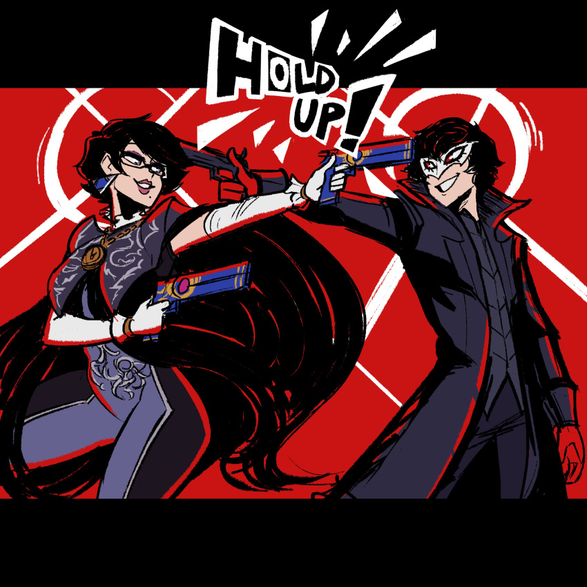 1boy 1girl absurdres alternate_hair_length alternate_hairstyle amamiya_ren amulet ankle_gun bayonetta bayonetta_(character) bayonetta_2 black_hair bodysuit eyeshadow glasses gloves gun handgun highres jacket jewelry lips lipstick makeup mask mole mole_under_mouth nintendo pants persona persona_5 plaid plaid_pants red_eyes red_gloves scruffyturtles short_hair simple_background smile super_smash_bros. super_smash_bros._ultimate weapon