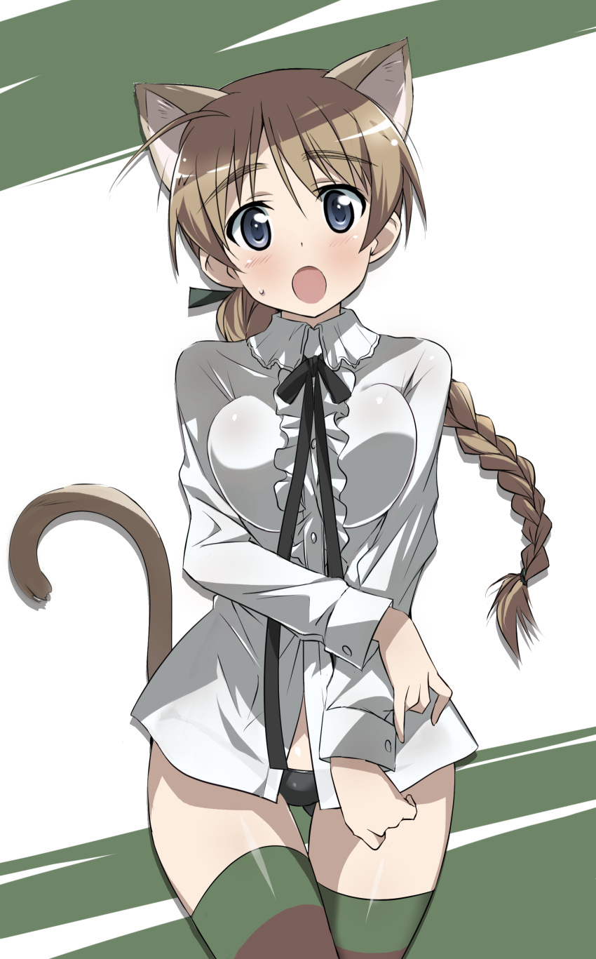 1girl absurdres ahoge animal_ears black_panties black_ribbon blue_eyes blush braid breasts brown_hair cat_ears cat_tail eyebrows_visible_through_hair gluteal_fold hair_ribbon highres large_breasts long_hair long_sleeves looking_at_viewer lynette_bishop no_pants open_mouth panties ribbon shirt solo strike_witches striped striped_legwear sweatdrop tail thigh-highs thigh_gap tokiani underwear white_shirt world_witches_series