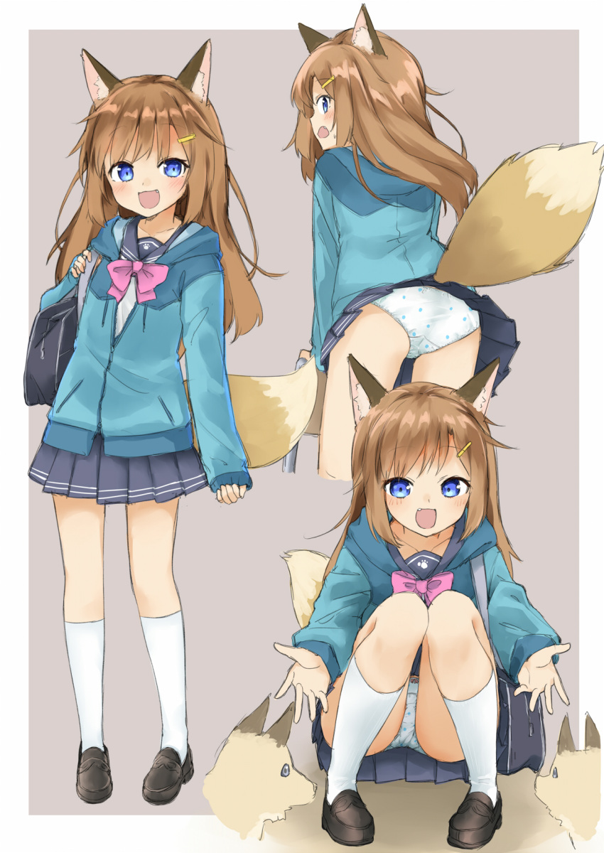 1girl :d animal animal_ear_fluff animal_ears ass bag bangs black_sailor_collar blue_jacket blue_skirt blush bow bow_panties bra brown_background brown_footwear brown_hair chair collarbone commentary eyebrows_visible_through_hair fang fox fox_ears fox_girl fox_tail hair_ornament hairclip highres hood hood_down hooded_jacket jacket kneehighs leaning_forward loafers long_hair long_sleeves looking_at_viewer multiple_views open_mouth original panties pigeon-toed pleated_skirt polka_dot polka_dot_bra sailor_collar school_bag school_chair school_uniform sekira_ame serafuku shirt shoes skirt sleeves_past_wrists smile squatting standing tail tail_raised two-tone_background underwear very_long_hair violet_eyes white_background white_legwear white_panties white_shirt