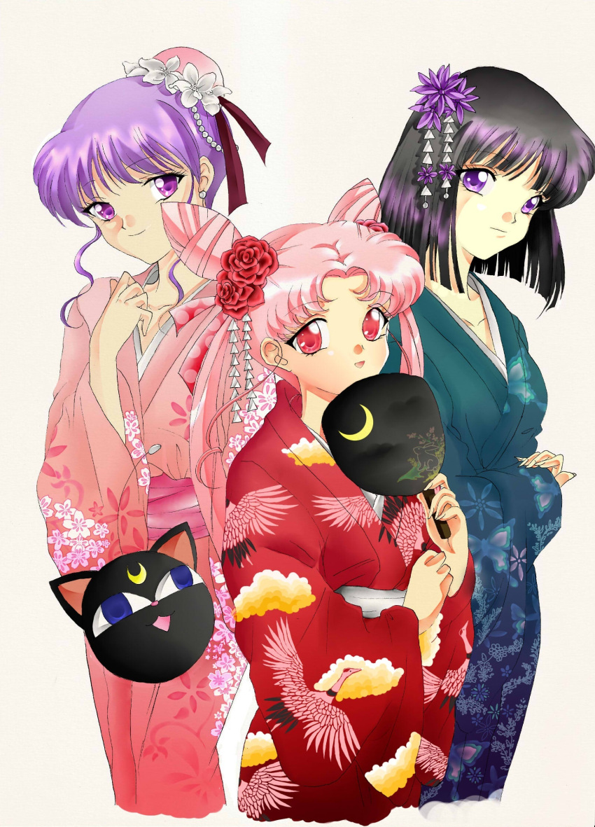 3girls :3 alternate_costume animal_print bangs bird_print bishoujo_senshi_sailor_moon black_hair blue_eyes blue_kimono bun_cover chibi_usa collarbone commentary crescent cropped_legs double_bun earrings english_commentary eyebrows_visible_through_hair fan floral_print flower hair_bun hair_flower hair_ornament hand_on_own_chest highres holding holding_fan japanese_clothes jewelry kanzashi kimono long_hair looking_at_viewer luna-p medium_hair momohara_momoko multiple_girls paper_fan parted_bangs pink_hair pink_kimono print_kimono purple_hair red_eyes red_kimono rurutia8 sidelocks simple_background smile tomoe_hotaru twintails violet_eyes wide_sleeves