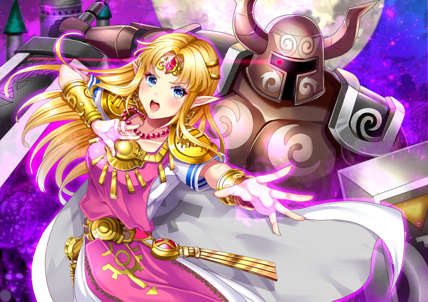 1girl :o absurdres armor aura bangs blonde_hair blue_eyes cape castle dress earrings eyebrows_visible_through_hair full_armor gown helmet highres jewelry knight long_hair moon necklace night night_sky nintendo open_mouth outstretched_arm pointy_ears princess_zelda shoulder_armor sky super_smash_bros. super_smash_bros._ultimate the_legend_of_zelda the_legend_of_zelda:_a_link_to_the_past tiara tunic uzura_(moimoi) white_cape white_dress
