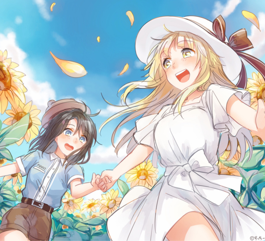 2girls :d artist_name bang_dream! bangs bear_hat belt black_hair blonde_hair blue_eyes blue_shirt brown_hat brown_shorts collared_shirt commentary day dress flower hand_holding hat hat_ribbon highres long_hair medium_hair multiple_girls okusawa_misaki open_mouth outdoors petals ribbon round_teeth shirt short_sleeves shorts smile succhii_(pikaru) sunflower teeth tsurumaki_kokoro upper_teeth white_dress white_hat yellow_eyes