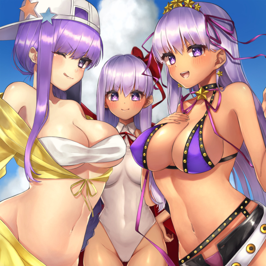 &gt;:) &gt;:d &gt;:q 3girls backwards_hat bandeau bangs bare_shoulders bb_(fate)_(all) bb_(swimsuit_mooncancer)_(fate) bikini black_garter_belt black_shorts blue_bikini_top blush bow braid breasts cape clouds covered_nipples cowboy_shot earrings eyebrows_visible_through_hair fate/grand_order fate_(series) french_braid front-tie_top gyaru hair_bow hair_ornament hair_ribbon hairband hand_on_own_chest hat highleg highleg_leotard highres jacket jewelry large_breasts leotard long_braid long_hair looking_at_viewer multiple_girls multiple_persona navel off_shoulder open_clothes open_shorts purple_bikini purple_bikini_bottom purple_hair purple_hairband purple_ribbon red_bow red_cape red_ribbon ribbon shiny shiny_hair shorts sky star star_earrings star_hair_ornament stomach studded_garter_belt swimsuit very_long_hair violet_eyes white_bikini_top white_leotard yayoimaka03 yellow_hoodie yellow_jacket