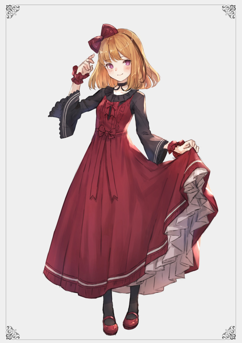 1girl absurdres black_dress blonde_hair blush bow choker commentary dress frame full_body hair_bow highres kobuta long_dress mary_janes medium_hair original pantyhose pink_eyes red_dress shoes simple_background skirt_hold solo two-tone_dress wide_sleeves