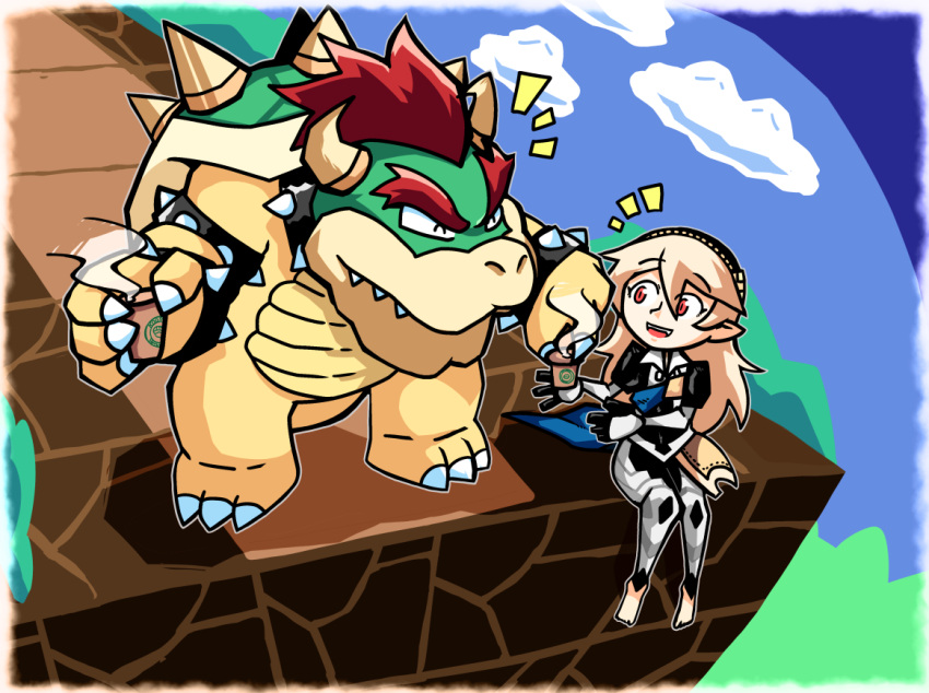 1girl :d ^_^ armor blonde_hair blue_sky bowser bracelet closed_eyes clouds coffee collar eyebrows_visible_through_hair fire_emblem fire_emblem_heroes fire_emblem_if foot_dangle gauntlets hair_between_eyes hairband holding intelligent_systems jewelry koopa_(specie) super_mario_bros. monster my_unit_(fire_emblem_if) nintendo notice_lines open_mouth puffy_short_sleeves puffy_sleeves red_eyes setz short_sleeves sky slit_pupils smile sora_(company) spiked_bracelet spiked_collar spikes super_mario_bros. super_smash_bros. super_smash_bros._ultimate turtle