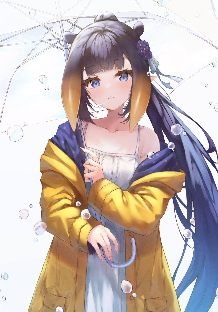 1girl absurdres armpit_crease bangs black_hair blue_coat blue_eyes blunt_bangs bubble coat collarbone commentary dress english_commentary eyebrows_visible_through_hair fingernails flower gradient_hair hair_flower hair_ornament hair_ribbon head_tilt high_ponytail highres holding holding_umbrella hololive hololive_english ijac_ray long_hair long_sleeves looking_at_viewer multicolored_hair ninomae_ina'nis off_shoulder open_clothes open_coat orange_hair parted_lips pocket pointy_ears purple_flower raincoat ribbon sidelocks simple_background single_bare_shoulder solo sundress tentacle_hair transparent transparent_umbrella two-sided_coat umbrella very_long_hair violet_(ninomae_ina'nis) virtual_youtuber white_background white_dress white_ribbon yellow_coat