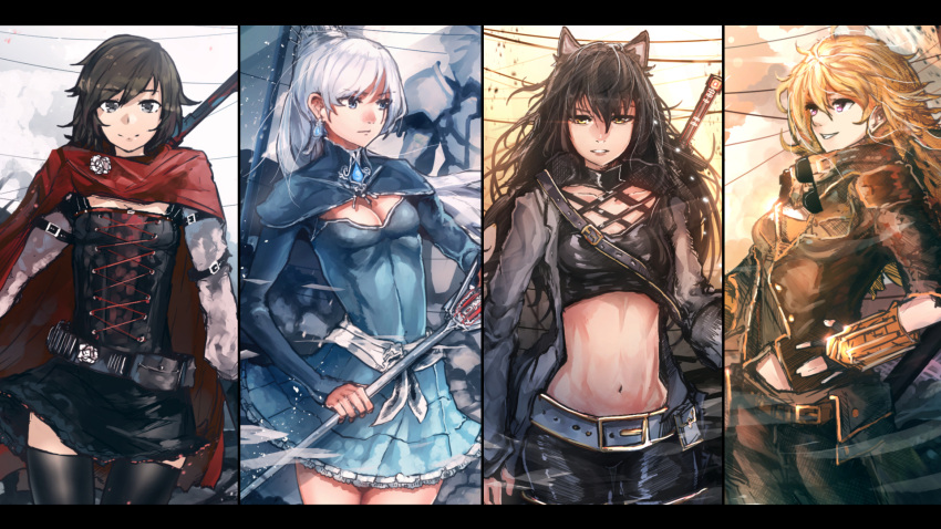 4girls abs alternate_costume animal_ears anonamos belt blake_belladonna breasts cat_ears cleavage compilation corset crescent_rose ember_celica_(rwby) gambol_shroud highres multiple_girls myrtenaster navel ruby_rose rwby siblings sisters sunglasses thigh-highs weiss_schnee yang_xiao_long