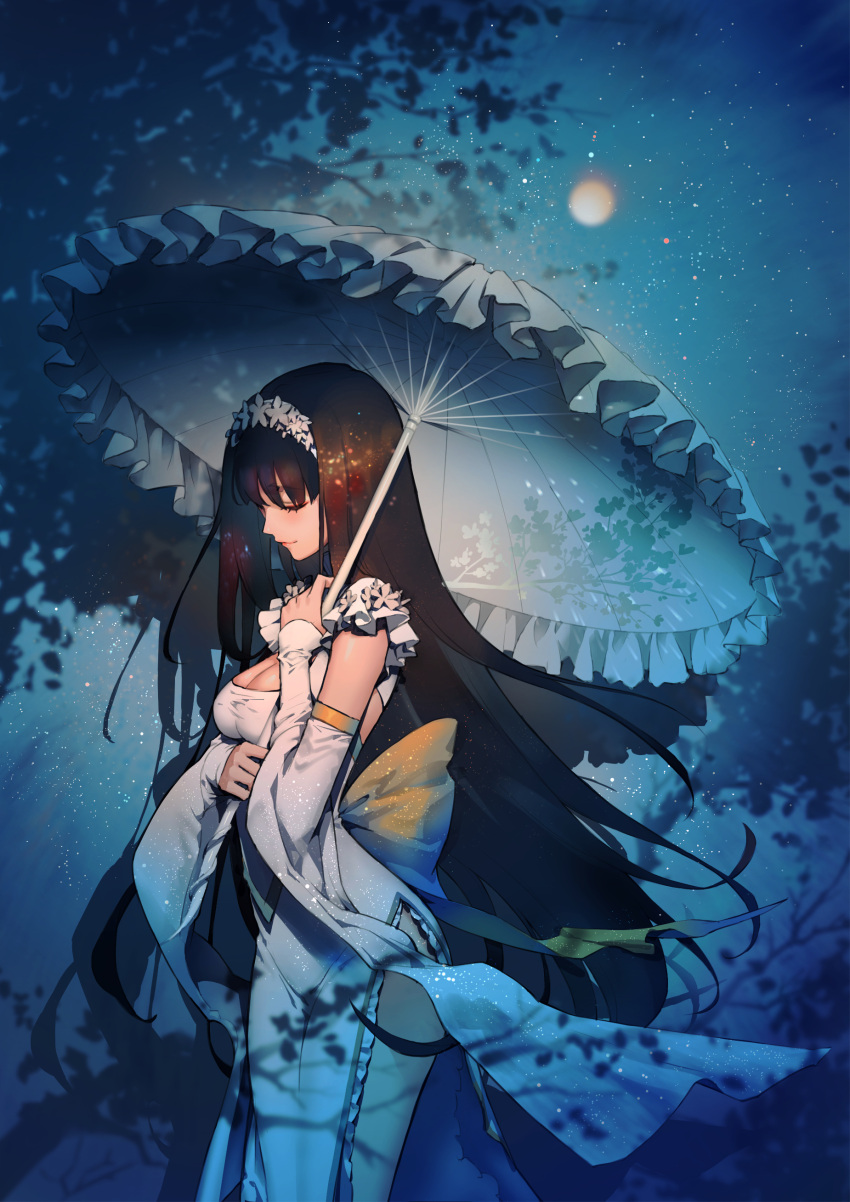 1girl absurdres bangs black_hair breasts chang'e chinese_clothes cleavage closed_eyes closed_mouth destiny_child detached_sleeves dress eyelashes eyeshadow feet_out_of_frame frills full_moon headdress highres holding holding_umbrella karesuki lace_trim long_hair long_sleeves makeup medium_breasts moon night night_sky outdoors pelvic_curtain side_slit sky sleeves_past_wrists smile solo standing star_(sky) starry_sky thighs transparent tree umbrella very_long_hair white_dress wide_sleeves