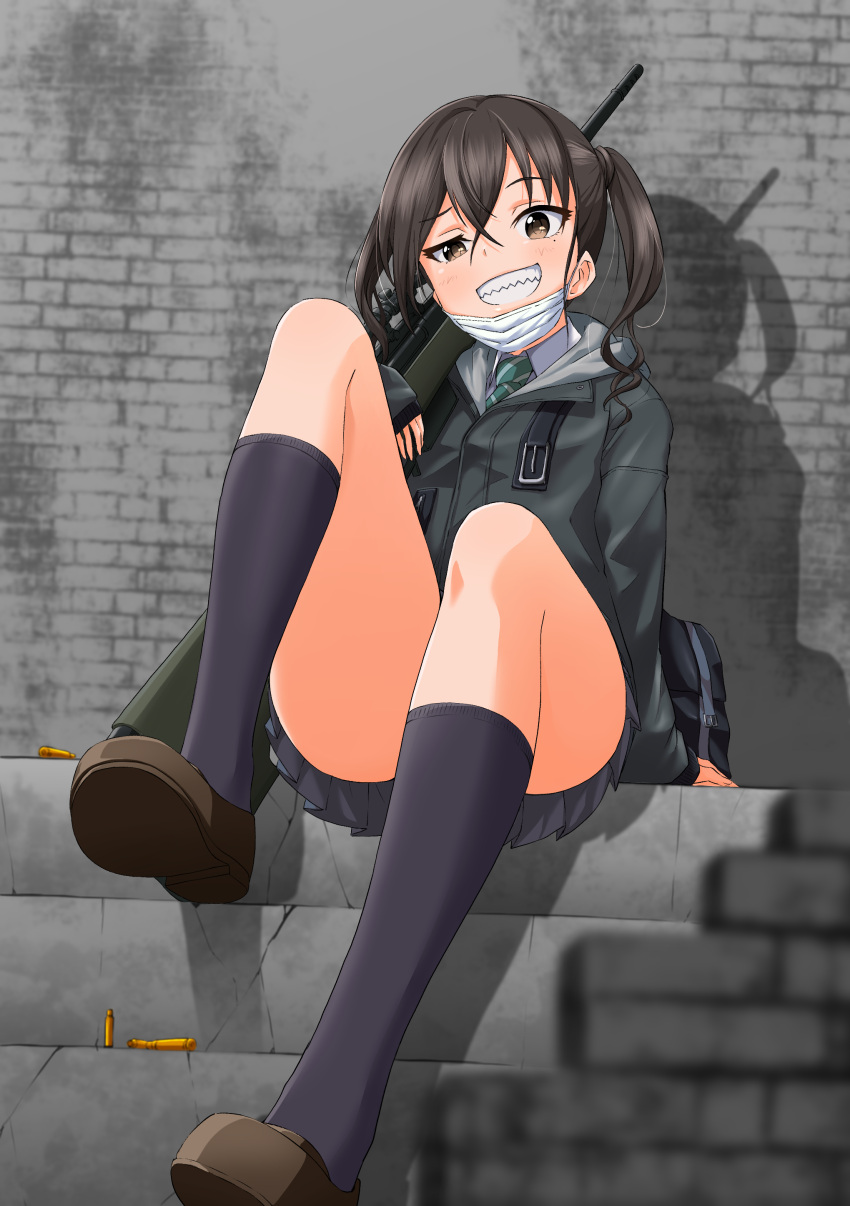 1girl absurdres ai_arctic_warfare arm_support asanaya ass bag bangs black_hair black_jacket black_legwear black_skirt blurry blurry_background blurry_foreground blush bolt_action brown_eyes brown_footwear bullet commentary_request convenient_leg day depth_of_field green_neckwear grin gun hair_between_eyes head_tilt highres holding holding_gun holding_weapon hood hood_down hooded_jacket idolmaster idolmaster_cinderella_girls jacket knee_up kneehighs loafers long_hair long_sleeves looking_at_viewer miniskirt mole mole_under_eye necktie outdoors pleated_skirt rifle school_bag scope shadow sharp_teeth shirt shoes sidelocks sitting skirt sleeves_past_wrists smile sniper_rifle solo stairs striped striped_neckwear sunazuka_akira surgical_mask teeth thighs twintails uneven_eyes wavy_hair weapon white_shirt