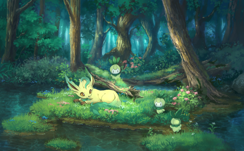 blue_flower brown_eyes creatures_(company) day flower forest game_freak gen_4_pokemon gen_5_pokemon grass lake leafeon lying moss nature nintendo no_humans on_grass outdoors petilil pink_flower pippi_(pixiv_1922055) pokemon pokemon_(creature) pokemon_(game) scenery summer tree white_flower |_|