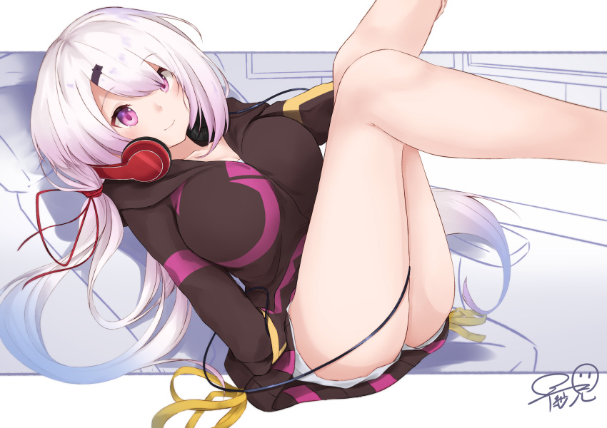 1girl bangs black_hoodie blush breasts cable chair closed_mouth hair_between_eyes hair_ornament hairclip headphones headphones_around_neck highres hood hoodie large_breasts legs long_hair long_sleeves nijisanji pink_hair reclining shiina_yuika shirayuiii shorts sleeves_past_wrists smile solo thighs tied_hair very_long_hair violet_eyes virtual_youtuber white_shorts