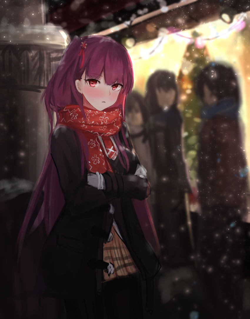 alternate_costume bangs black_jacket black_legwear blurry blurry_background blush bound breasts brown_coat brown_skirt closed_mouth coat crossed_arms eyebrows_visible_through_hair girls_frontline gloves hair_ornament hair_ribbon highres jacket kurusemina large_breasts long_hair looking_at_viewer multiple_girls necktie night one_side_up outdoors pantyhose purple_hair red_eyes red_neckwear red_ribbon red_scarf ribbon scarf shirt sidelocks skirt snow snowflake_print snowing standing thighband_pantyhose tied_up very_long_hair wa2000_(girls_frontline) white_shirt