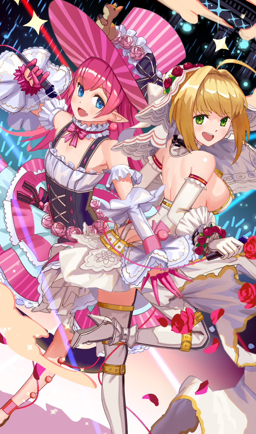 2girls :d ahoge bare_back bare_shoulders blonde_hair blue_eyes blush boots breasts detached_collar earrings elbow_gloves elizabeth_bathory_(fate) elizabeth_bathory_(fate)_(all) eyebrows_visible_through_hair fang fate/grand_order fate_(series) flat_chest flower from_behind glint gloves green_eyes hair_intakes hair_ornament hat high_heel_boots high_heels highres holding holding_microphone jewelry large_breasts long_hair looking_at_viewer looking_back microphone multiple_girls nero_claudius_(bride)_(fate) nero_claudius_(fate)_(all) open_mouth pink_flower pink_hair pink_hat pointy_ears short_hair sideboob smile squirrel star tea_sly thigh-highs thigh_boots top_hat white_footwear white_gloves