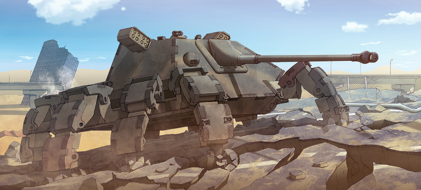 building cannon clouds commentary_request desert earasensha ground_vehicle highway metal_max metal_max_xeno military military_vehicle missile_pod motor_vehicle no_humans road ruins sky tank turret walker