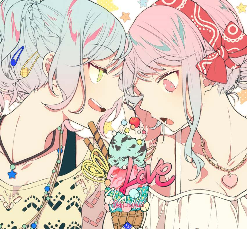2girls :o alternate_hairstyle aqua_hair bang_dream! braid cherry cookie food forehead-to-forehead french_braid fruit green_eyes hair_bun hair_ornament hairclip hand_on_another's_face heart heart_necklace highres hikawa_hina ice_cream ice_cream_cone jewelry looking_at_another maruyama_aya multiple_girls necklace open_mouth pendant pink_eyes pink_hair ponytail red_bandana smile star star_necklace triple_scoop twitter_username upper_body whipped_cream yuki_(t128) yuri