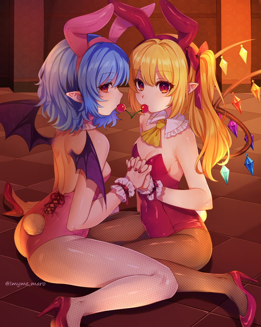 2girls absurdres animal_ears ascot ass bangs bare_arms bare_shoulders bat_wings black_legwear black_wings blonde_hair bow breasts bunny_tail bunnysuit checkered checkered_floor cherry covered_navel crystal detached_collar eyebrows_visible_through_hair eyelashes fake_animal_ears fishnet_pantyhose fishnets flandre_scarlet food fruit hair_bow hand_holding high_heels highres indoors interlocked_fingers leotard long_hair looking_at_viewer marota mouth_hold multiple_girls nail_polish one_side_up pantyhose pink_leotard pointy_ears profile rabbit_ears red_bow red_eyes red_footwear red_leotard red_nails remilia_scarlet shared_food shoes siblings sisters sitting small_breasts tail touhou twitter_username wings yellow_neckwear
