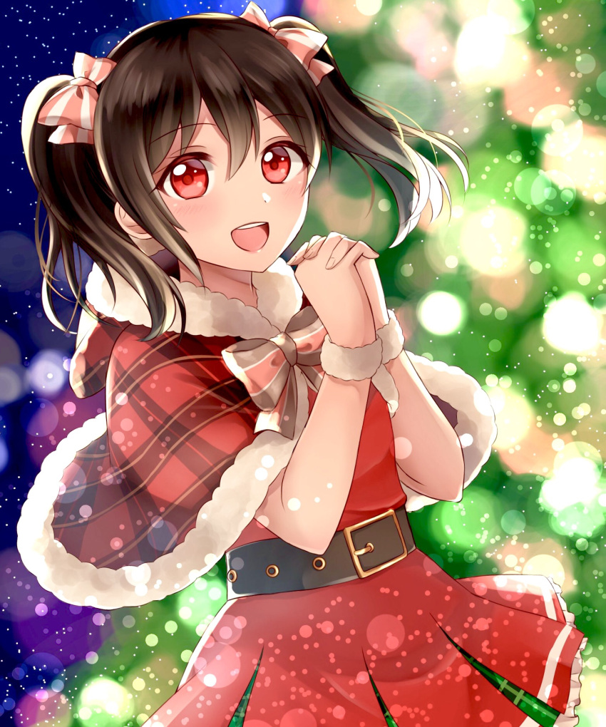 christmas eyebrows_visible_through_hair hair_ornament hair_ribbon hands_together highres hood kino_xx62 looking_at_viewer love_live! love_live!_school_idol_project open_mouth red_eyes ribbon santa_costume skirt sky star_(sky) starry_sky twintails yazawa_nico