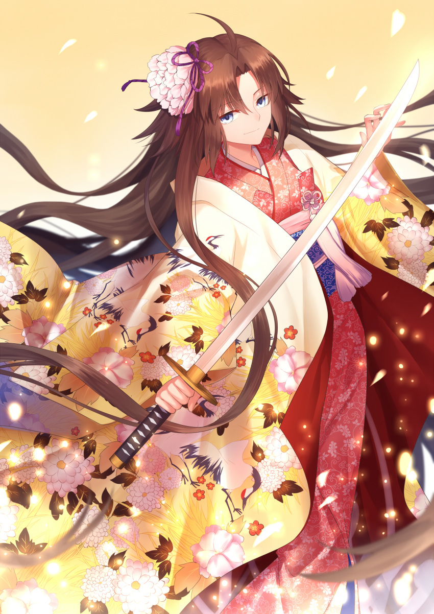 1girl ahoge bangs blue_eyes brown_hair closed_mouth commentary eyebrows_visible_through_hair fate/grand_order fate_(series) floral_print flower gogatsu_fukuin hair_between_eyes hair_flower hair_ornament highres holding holding_sword holding_weapon japanese_clothes kara_no_kyoukai katana kimono long_hair long_sleeves looking_at_viewer obi pink_flower print_kimono red_kimono ryougi_shiki sash smile solo sword very_long_hair weapon wide_sleeves