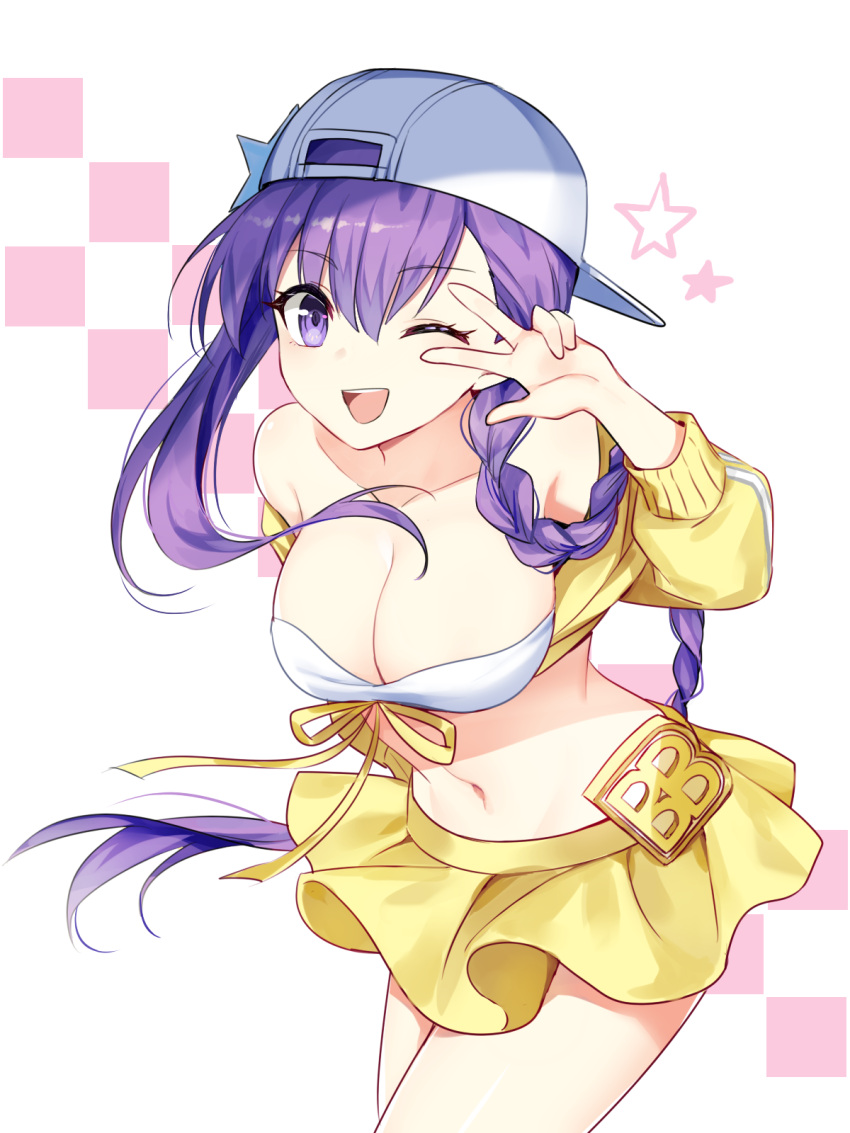 1girl ;d backwards_hat bandeau bangs bare_shoulders baseball_cap bb_(fate)_(all) bb_(swimsuit_mooncancer)_(fate) braid breasts character_name cleavage collarbone cowboy_shot eyebrows_visible_through_hair fate/grand_order fate_(series) floating_hair groin hair_between_eyes hand_up hat highres jacket large_breasts leaning_forward long_hair long_sleeves looking_at_viewer miniskirt navel off_shoulder one_eye_closed open_mouth purple_hair ribbon sada_(sadahalu) shiny shiny_hair side_braid sidelocks single_braid skirt smile solo standing star stomach very_long_hair violet_eyes w w_over_eye white_background white_hat yellow_jacket yellow_ribbon yellow_skirt