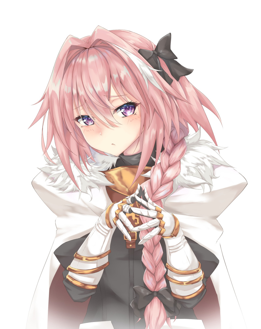 1boy absurdres astolfo_(fate) bangs black_bow black_ribbon black_shirt blush bow braid buckle closed_mouth commentary_request eyebrows_visible_through_hair fate/apocrypha fate_(series) frown fur_collar gauntlets hair_between_eyes hair_bow hair_intakes hair_over_shoulder hair_ribbon hands_up head_tilt highres long_hair long_sleeves looking_at_viewer male_focus multicolored_hair otoko_no_ko pink_hair red_cloak ribbon shiny shiny_hair shirt sidelocks simple_background single_braid solo steepled_fingers streaked_hair sutetete upper_body violet_eyes white_background white_cloak white_hair