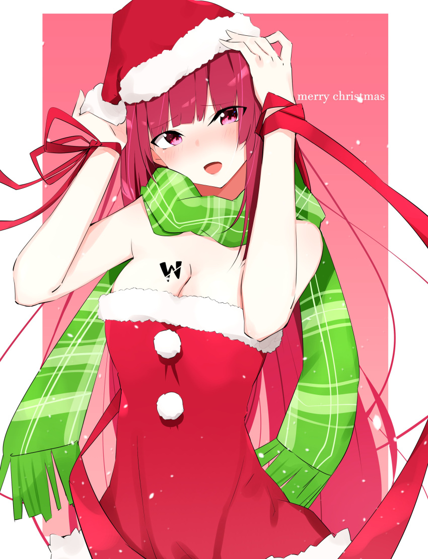 1girl :d absurdres arms_up bangs blush breasts christmas cleavage dress eyebrows_visible_through_hair fur-trimmed_dress girls_frontline green_scarf hair_ribbon head_tilt highres ichiki_1 large_breasts long_hair looking_at_viewer merry_christmas one_side_up open_mouth outside_border pink_background purple_hair red_dress red_eyes red_ribbon ribbon scarf sidelocks simple_background smile solo tattoo upper_body very_long_hair wa2000_(girls_frontline) wrist_ribbon