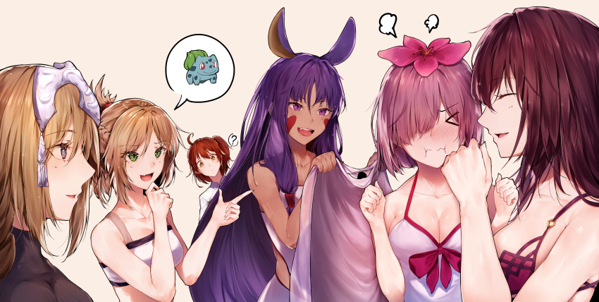 6+girls ? absurdres ahoge angry animal_ears babydoll bangs bare_shoulders blonde_hair blue_eyes blush bra braid breasts bulbasaur chaldea_uniform cleavage closed_eyes dark_skin eyebrows_visible_through_hair facial_mark fate/apocrypha fate/grand_order fate_(series) fujimaru_ritsuka_(female) gen_1_pokemon glasses green_eyes hair_between_eyes hair_ornament hair_over_one_eye hair_scrunchie hands_up headpiece highres holding hplay jackal_ears jacket janne_d'arc jeanne_d'arc_(fate) jeanne_d'arc_(fate)_(all) jewelry large_breasts laughing long_hair looking_at_viewer mash_kyrielight medium_breasts mordred_(fate) mordred_(fate)_(all) multiple_girls nitocris_(fate/grand_order) one_side_up open_mouth orange_eyes orange_hair pink_hair pointing ponytail pout purple_bra purple_hair scathach_(fate)_(all) scathach_(fate/grand_order) scrunchie short_hair side_ponytail sidelocks smile spoken_question_mark underwear very_long_hair violet_eyes wavy_mouth