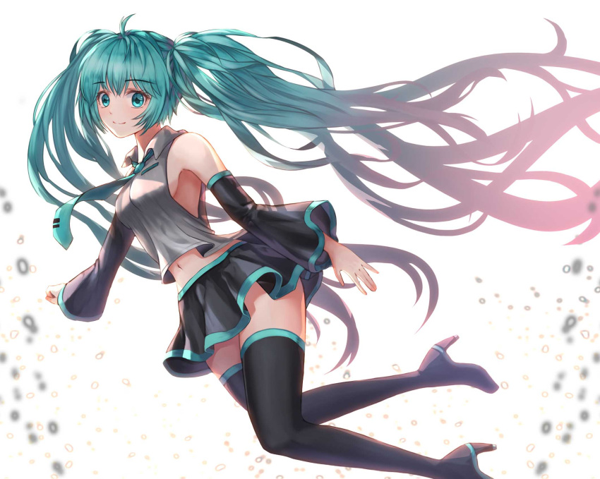 1girl aqua_eyes aqua_hair aqua_neckwear black_legwear black_skirt boots breasts clenched_hand detached_sleeves eyebrows_visible_through_hair full_body hatsune_miku high_heel_boots high_heels highres long_hair looking_at_viewer medium_breasts nani_(goodrich) navel necktie simple_background skirt sleeveless smile solo thigh-highs thigh_boots twintails very_long_hair vocaloid