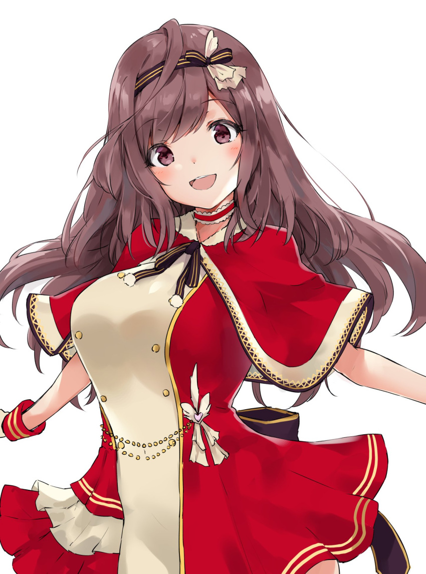 1girl :d bangs black_bow black_neckwear black_ribbon blush bow breasts brown_eyes brown_hair buttons capelet choker commentary_request cowboy_shot dress eyebrows_visible_through_hair floating_hair frilled_choker frills gloves hair_ribbon head_tilt highres idolmaster idolmaster_shiny_colors large_breasts long_hair looking_at_viewer minikon neck_ribbon open_mouth outstretched_arms pom_pom_(clothes) red_capelet red_choker red_dress ribbon sidelocks simple_background smile solo standing striped striped_neckwear striped_ribbon swept_bangs tareme tsukioka_kogane upper_teeth white_background white_gloves