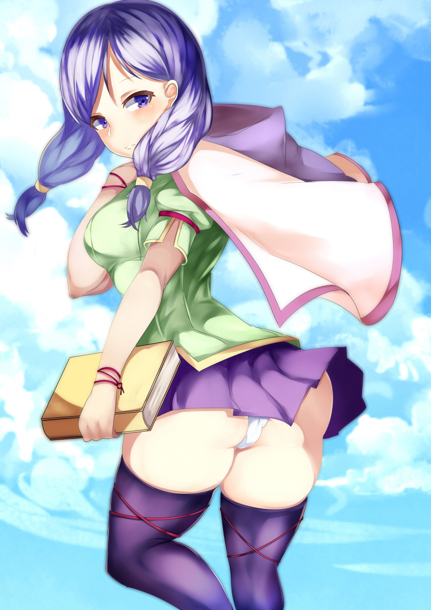 1girl absurdres blue_sky book capelet closed_mouth clouds day fire_emblem fire_emblem:_souen_no_kiseki from_behind green_shirt highres holding holding_book ilyana long_hair looking_back low-tied_long_hair nintendo panties purple_hair purple_skirt shirt short_sleeves skirt sky solo tea_texiamato thigh-highs underwear violet_eyes white_panties