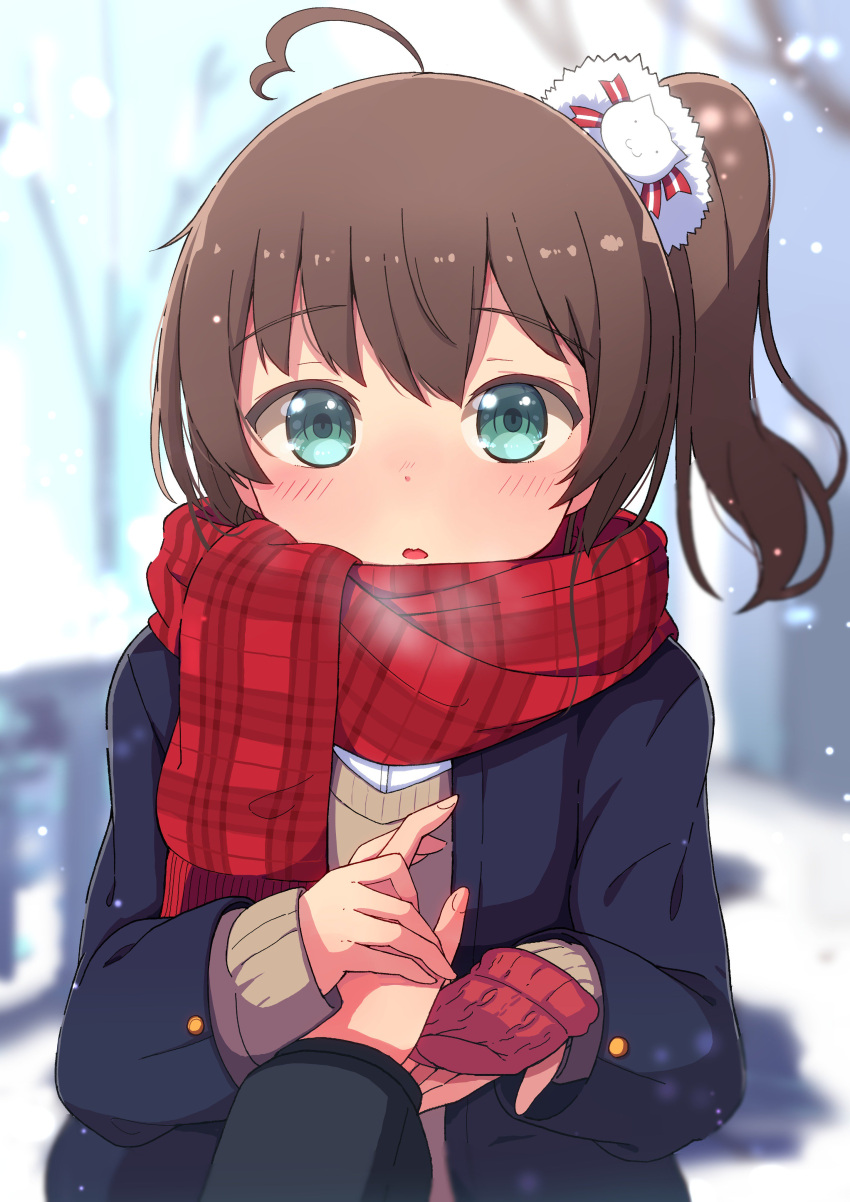 1girl absurdres ahoge blue_eyes blurry blurry_background blush brown_hair coat commentary_request hand_holding highres hololive looking_at_viewer mittens natsuiro_matsuri okota_mikan open_mouth pov pov_hands scarf school_uniform short_hair snow snowing solo solo_focus virtual_youtuber winter_clothes winter_coat