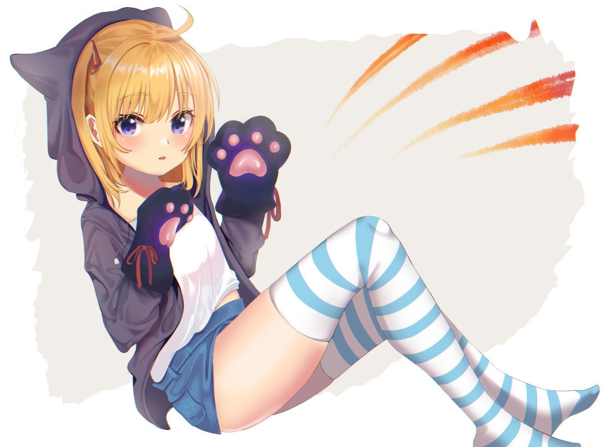 1girl ahoge animal_ears animal_hood bangs blonde_hair blue_shorts brown_jacket cat_ears cat_hood commentary_request eyebrows_visible_through_hair gloves hair_between_eyes hands_up highres hood hood_up hooded_jacket inushima jacket long_hair long_sleeves looking_at_viewer no_shoes one_side_up original parted_lips paw_gloves paws red_ribbon ribbon shirt short_shorts shorts solo striped striped_legwear thigh-highs violet_eyes white_shirt