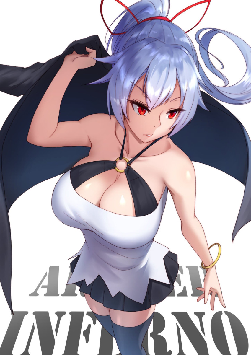 1girl alternate_costume black_legwear black_skirt bracelet breasts character_name cleavage collarbone eyebrows_visible_through_hair fate/grand_order fate_(series) from_above hair_ribbon highres holding holding_jacket huge_breasts jacket jacket_removed jewelry long_hair o-ring o-ring_top pleated_skirt ponytail red_eyes red_ribbon ribbon silver_hair skirt solo thigh-highs tomoe_gozen_(fate/grand_order) wei_(feruno) white_background zettai_ryouiki