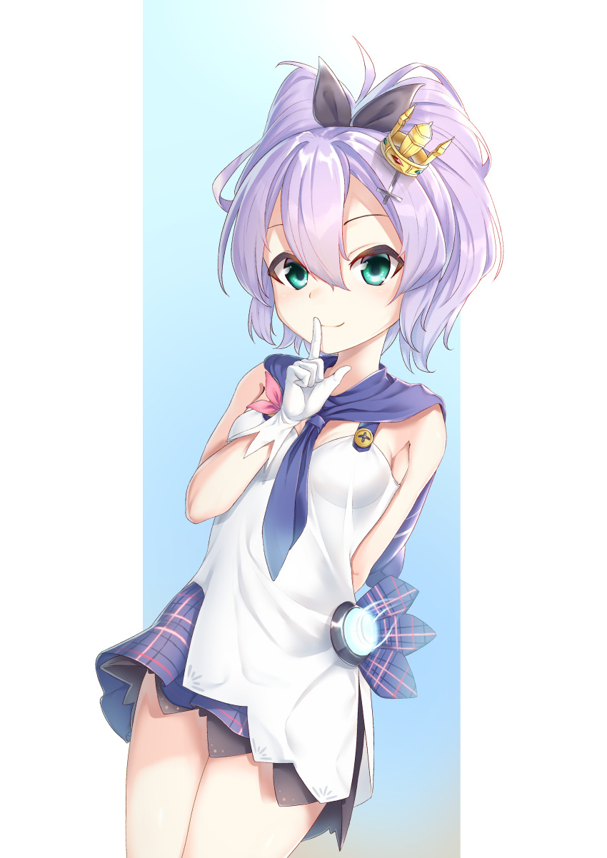 1girl absurdres azur_lane bangs black_ribbon blue_background camisole closed_mouth commentary_request crown eyebrows_visible_through_hair finger_to_mouth gloves green_eyes hair_between_eyes hair_ribbon high_ponytail highres javelin_(azur_lane) kimidori3_karla mini_crown plaid plaid_skirt pleated_skirt ponytail purple_hair purple_skirt ribbon saliva short_hair shushing single_glove skirt smile solo tilted_headwear two-tone_background white_background white_camisole white_gloves