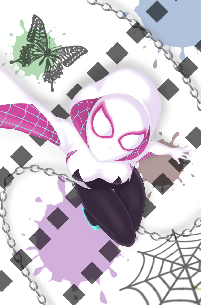 1girl absurdres bodysuit breasts full_body gwen_stacy highres hood looking_at_viewer marvel mask medium_breasts silk simple_background skin_tight solo spider-gwen spider_web stryx superhero