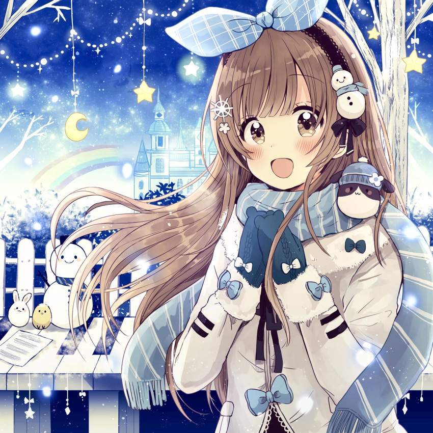 1girl :d animal bare_tree bird black_hairband black_ribbon blue_bow blue_mittens blue_ribbon blue_scarf blush bow brown_eyes building chick commentary_request crescent fence fur-trimmed_jacket fur-trimmed_mittens fur_trim hair_ribbon hairband hands_up highres jacket light_brown_hair long_hair mittens neck_ribbon open_mouth original own_hands_together rabbit rainbow ribbon sakura_oriko scarf smile snowman snowman_hair_ornament solo star tower tree upper_body very_long_hair white_jacket