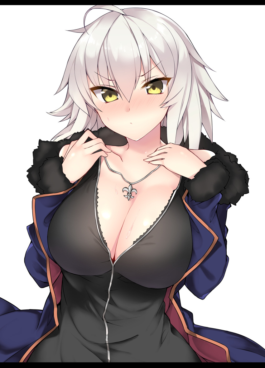 1girl absurdres ahoge bangs bare_shoulders black_shirt blush breasts cleavage closed_mouth collarbone embarrassed eyebrows_visible_through_hair fate/grand_order fate_(series) fleur_de_lis frown fur-trimmed_jacket fur-trimmed_sleeves fur_trim hair_between_eyes hands_up haruyuki_(yukichasoba) highres jacket jeanne_d'arc_(alter)_(fate) jeanne_d'arc_(fate)_(all) jewelry large_breasts letterboxed long_sleeves necklace open_clothes open_jacket shirt short_hair silver_hair simple_background sleeveless sleeveless_shirt solo standing upper_body v-shaped_eyebrows white_background wing_collar yellow_eyes