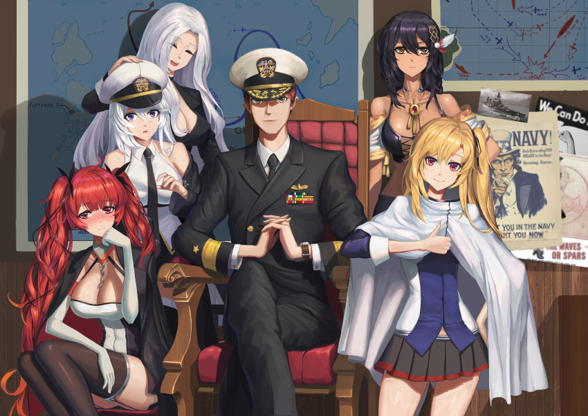 1boy 5girls absurdres azur_lane bangs bare_shoulders black_hair black_ribbon blonde_hair braid breasts brown_eyes capelet cleavage cleveland_(azur_lane) collared_shirt commander_(azur_lane) dark_skin elbow_gloves enterprise_(azur_lane) ex929684007 feathers garter_straps gloves hair_between_eyes hair_feathers hair_ornament hair_ribbon hat highres honolulu_(azur_lane) jacket_on_shoulders jewelry large_breasts long_hair military military_uniform multiple_girls native_american necklace necktie one_side_up parted_bangs peaked_cap ponytail red_eyes redhead ribbon shirt silver_hair sleeveless sleeveless_shirt smile south_dakota_(azur_lane) twintails underbust uniform very_long_hair violet_eyes white_capelet white_gloves white_hat yorktown_(azur_lane)