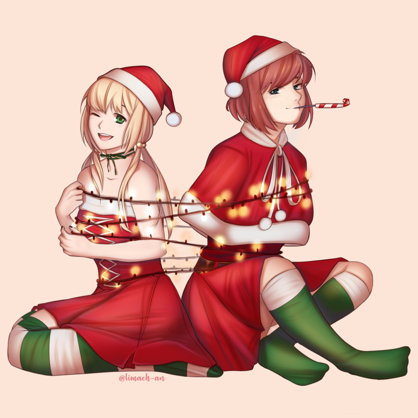 2girls ;d absurdres artist_name bare_arms bare_shoulders blonde_hair brown_hair capelet christmas christmas_lights commentary dress english_commentary fur-trimmed_capelet fur_trim green_eyes green_legwear hair_bobbles hair_ornament hat highres ibarazaki_emi katawa_shoujo kneehighs limach-an long_hair looking_at_viewer low_twintails mouth_hold multiple_girls no_shoes one_eye_closed open_mouth party_whistle pom_pom_(clothes) red_capelet red_dress santa_costume santa_hat short_hair simple_background sitting smile strapless strapless_dress striped striped_legwear tezuka_rin thigh-highs twintails