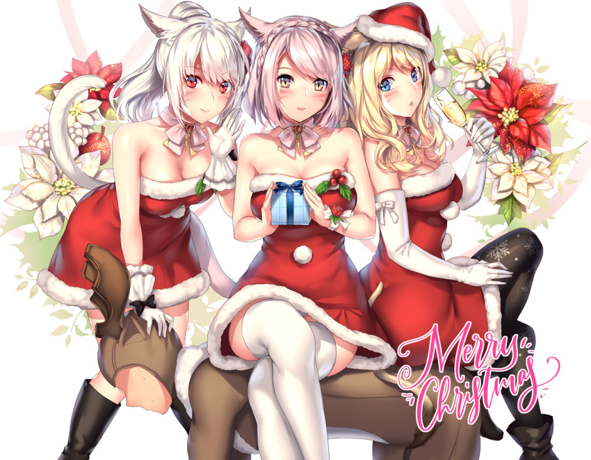 1boy 3girls :o animal_costume animal_ears antlers apple aruma_jiki bare_shoulders black_footwear black_legwear blonde_hair blue_eyes blush boots box braid breasts cat_ears cat_tail champagne_flute christmas collarbone cup detached_collar dress drinking_glass elbow_gloves eyebrows_visible_through_hair faceless faceless_male facial_mark final_fantasy final_fantasy_xiv flower food fruit fur_trim gift gift_box gloves hair_flower hair_ornament hat leaning_forward long_hair looking_at_viewer medium_breasts merry_christmas miqo'te multiple_girls open_mouth pantyhose pink_hair ponytail profile red_dress red_eyes reindeer_antlers reindeer_costume santa_hat short_hair sitting sitting_on_person slit_pupils smile snowflake_print standing strapless strapless_dress sweatdrop tail thigh-highs whisker_markings white_background white_gloves white_hair white_legwear yellow_eyes