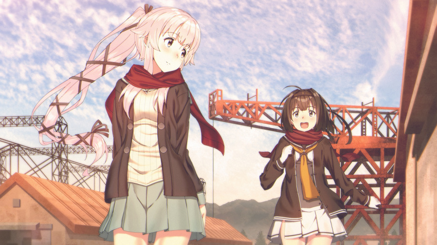 2girls :d ahoge akizuki_(kantai_collection) arms_at_sides bangs black_eyes black_hair black_jacket black_ribbon black_sailor_collar black_serafuku blue_sky blush breasts building buttons closed_mouth clouds cloudy_sky commentary_request construction_site cowboy_shot day eyebrows_visible_through_hair floating_hair gloves grey_skirt hair_intakes hair_ribbon hand_up head_tilt jacket kantai_collection key_kun long_hair long_sleeves looking_at_another looking_back medium_breasts miniskirt multiple_girls necktie open_clothes open_jacket open_mouth orange_neckwear outdoors pink_hair pleated_skirt ponytail red_scarf ribbed_sweater ribbon sailor_collar sanpaku scarf school_uniform serafuku short_hair side_slit sidelocks skirt sky sleeves_past_wrists smile standing sweater upper_teeth very_long_hair white_gloves white_skirt white_sweater winter_clothes yura_(kantai_collection)