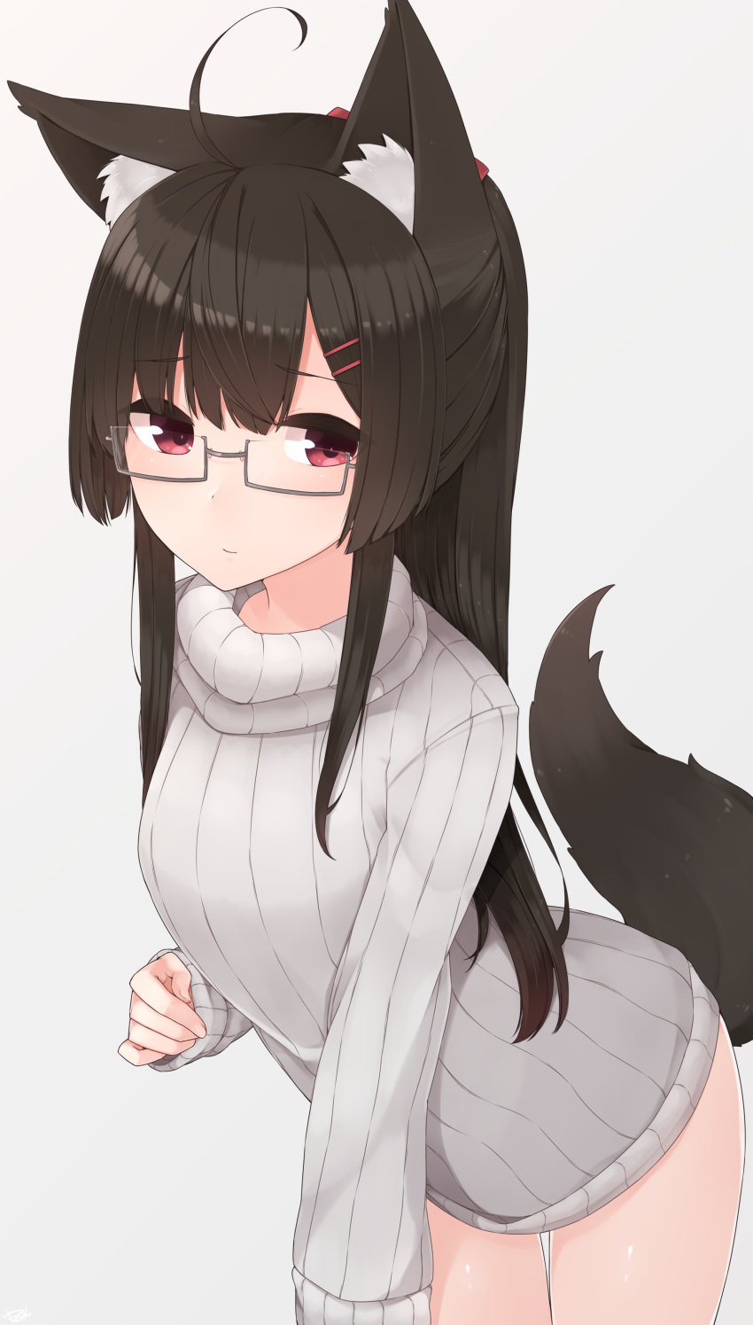 1girl absurdres ahoge animal_ear_fluff animal_ears bangs blush brown_hair eyebrows_visible_through_hair fox_ears fox_tail glasses grey-framed_eyewear grey_background hair_ornament hair_ribbon hairclip highres long_sleeves looking_at_viewer original red_eyes red_ribbon ribbed_sweater ribbon semi-rimless_eyewear simple_background solo sweater tail turtleneck turtleneck_sweater under-rim_eyewear white_sweater yukichi_(sukiyaki39)