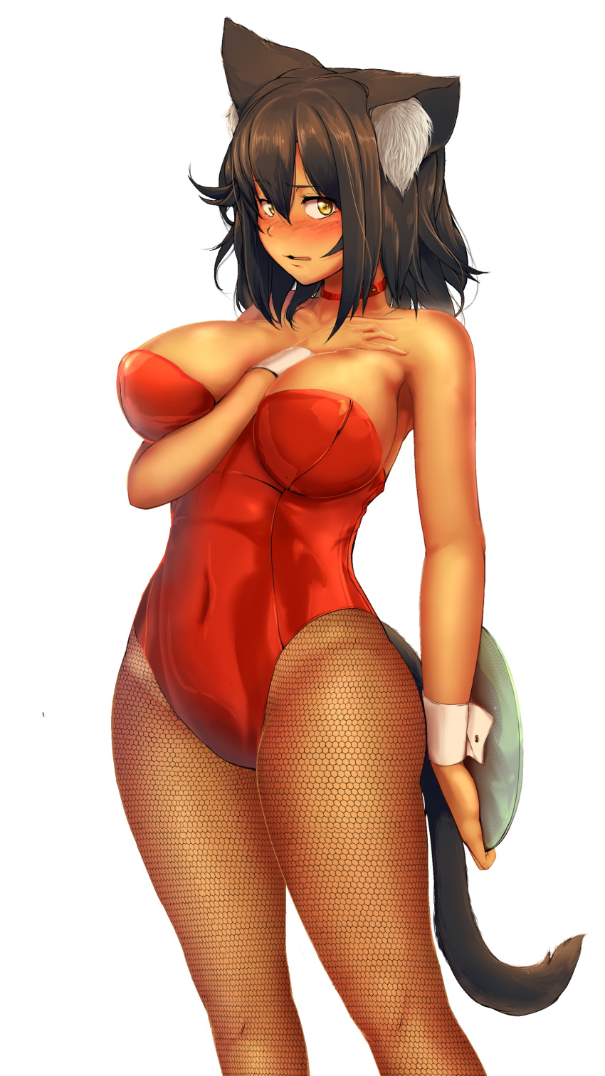 1girl absurdres animal_ear_fluff animal_ears arm_behind_back black_hair blush breasts brown_eyes cat_ears cat_tail choker collarbone commentary_request covered_navel dark_skin embarrassed eyebrows_visible_through_hair fishnet_pantyhose fishnets hair_between_eyes hand_on_own_chest highres holding holding_tray kittysuit large_breasts leotard nekomusume_(pekoneko) nose_blush open_mouth original pantyhose pekoneko red_choker red_leotard revision short_hair simple_background solo standing strapless tail tray white_background wrist_cuffs