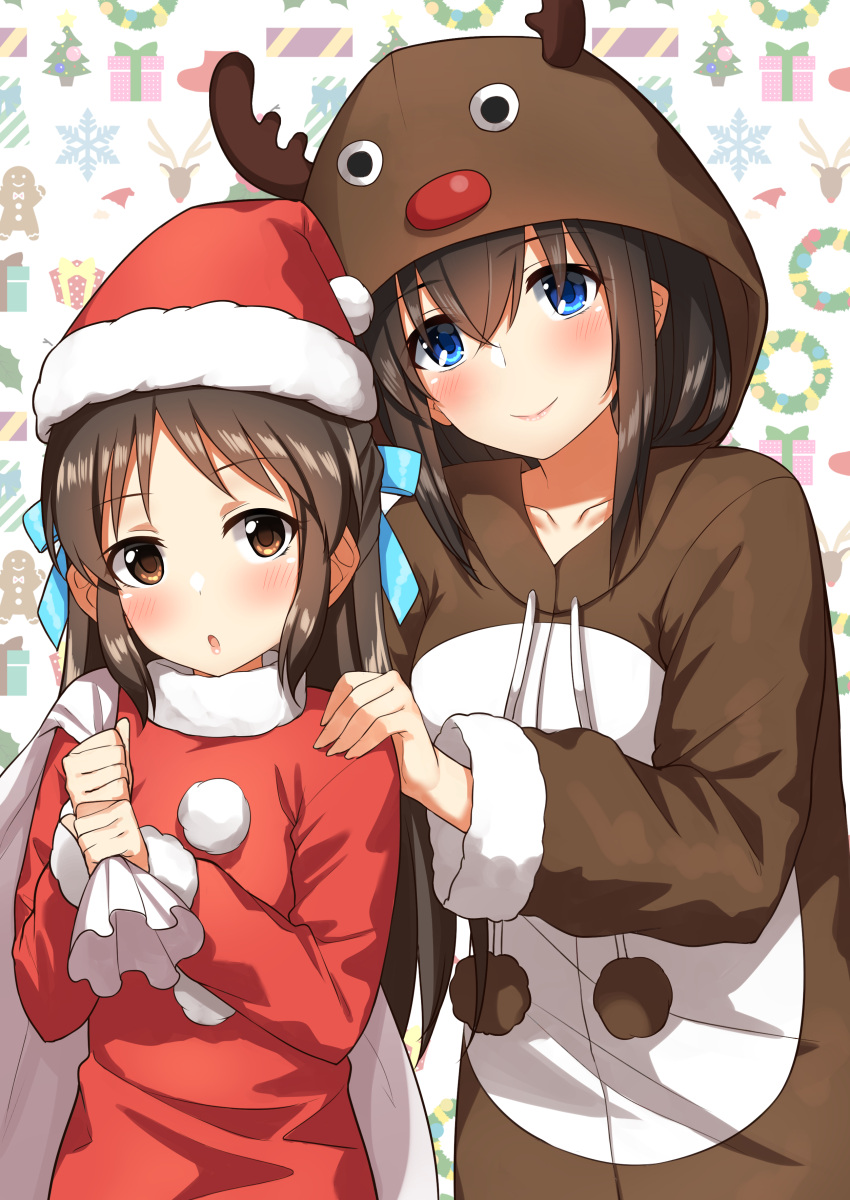 2girls absurdres animal_hood aqua_bow bangs blue_eyes blush bow breasts brown_eyes brown_hair christmas closed_mouth commentary_request drawstring eyebrows_visible_through_hair fur-trimmed_hat fur-trimmed_sleeves fur_collar fur_trim go-1 hair_between_eyes hair_bow hat head_tilt highres holding holding_sack hood hood_up idolmaster idolmaster_cinderella_girls long_hair long_sleeves looking_at_viewer multiple_girls open_mouth patterned_background pom_pom_(clothes) red_hat reindeer_hood sack sagisawa_fumika santa_costume santa_hat smile tachibana_arisu upper_body