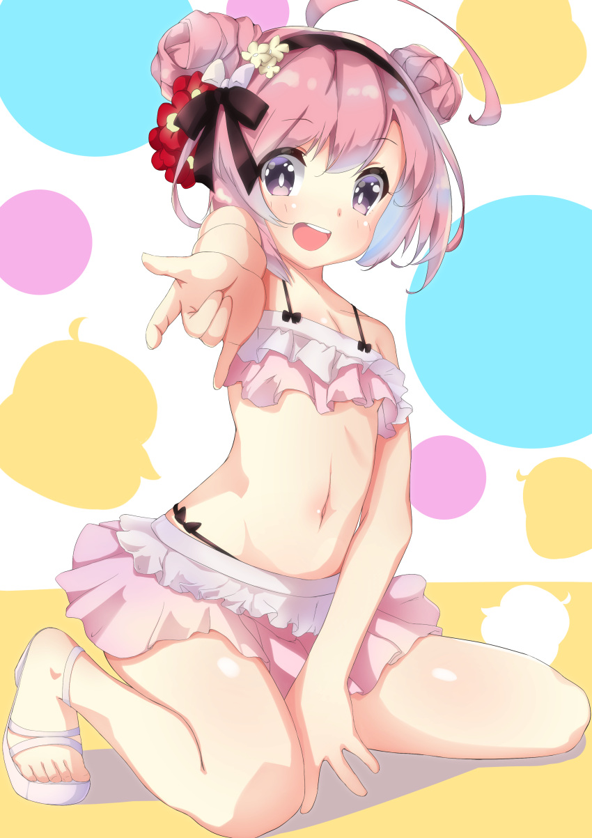 1girl :d absurdres ahoge aono_(f_i_s) arm_support azur_lane bangs bare_shoulders between_legs bikini black_bow black_hairband blush bow breasts collarbone commentary_request eyebrows_visible_through_hair flower foreshortening full_body hair_between_eyes hair_bow hair_bun hair_flower hair_ornament hairband hand_between_legs highres looking_at_viewer navel open_mouth outstretched_arm pink_bikini red_flower round_teeth sandals saratoga_(azur_lane) side_bun small_breasts smile solo swimsuit teeth upper_teeth violet_eyes white_bow white_footwear