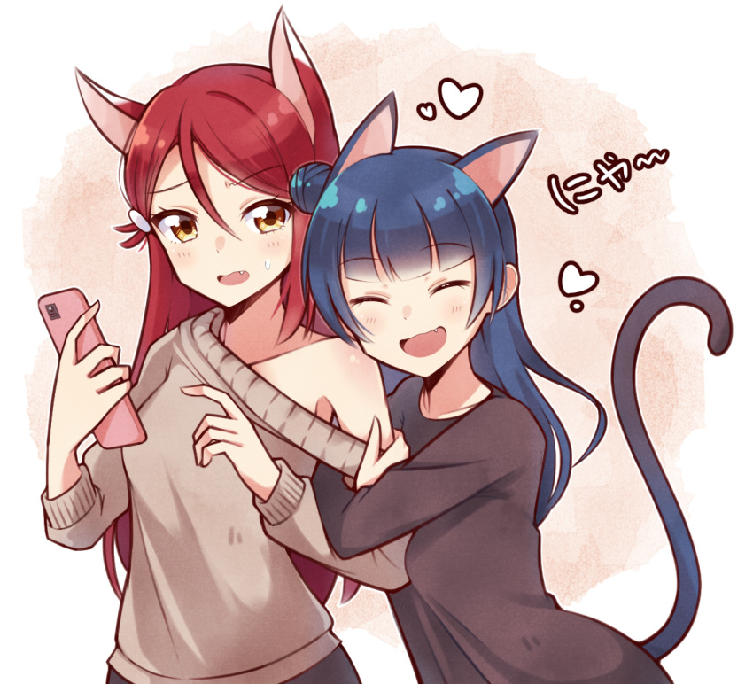 2girls ^_^ animal_ears arm_hug bangs beige_sweater black_shirt blue_hair cat_ears cat_tail cellphone ceph_(greatyazawa1819) closed_eyes closed_eyes commentary fang fox_ears hair_ornament hairclip heart holding holding_phone kemonomimi_mode long_hair long_sleeves love_live! love_live!_sunshine!! multiple_girls nyan off-shoulder_sweater open_mouth phone redhead sakurauchi_riko shirt side_bun smartphone smile sweatdrop sweater symbol_commentary tail tsushima_yoshiko upper_body