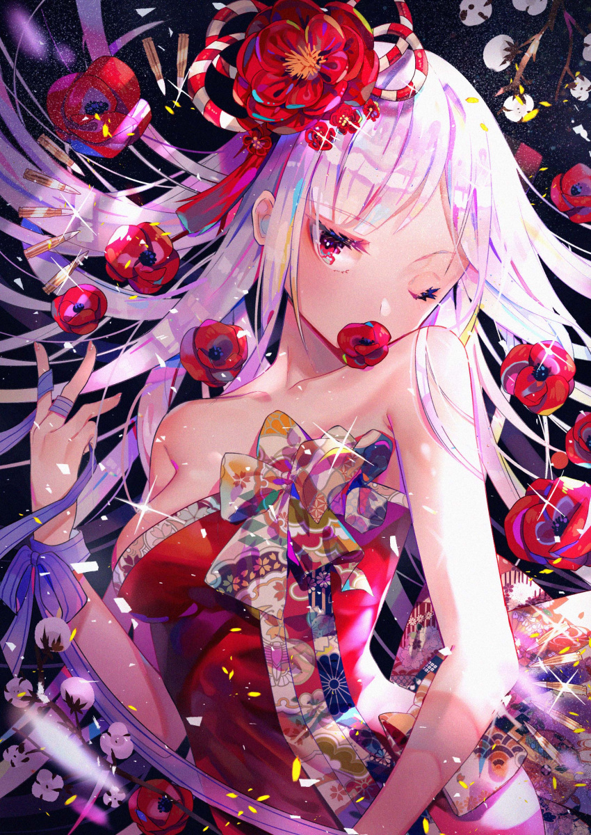 1girl absurdres ak-12_(girls_frontline) bangs braid branch breasts bullet confetti dress eyebrows_visible_through_hair flower french_braid girls_frontline glint hair_flower hair_ornament hand_up head_tilt highres light_particles long_hair looking_at_viewer mao_ge mouth_hold one_eye_closed red_dress ribbon sidelocks silver_hair solo strapless strapless_dress upper_body very_long_hair wrist_ribbon
