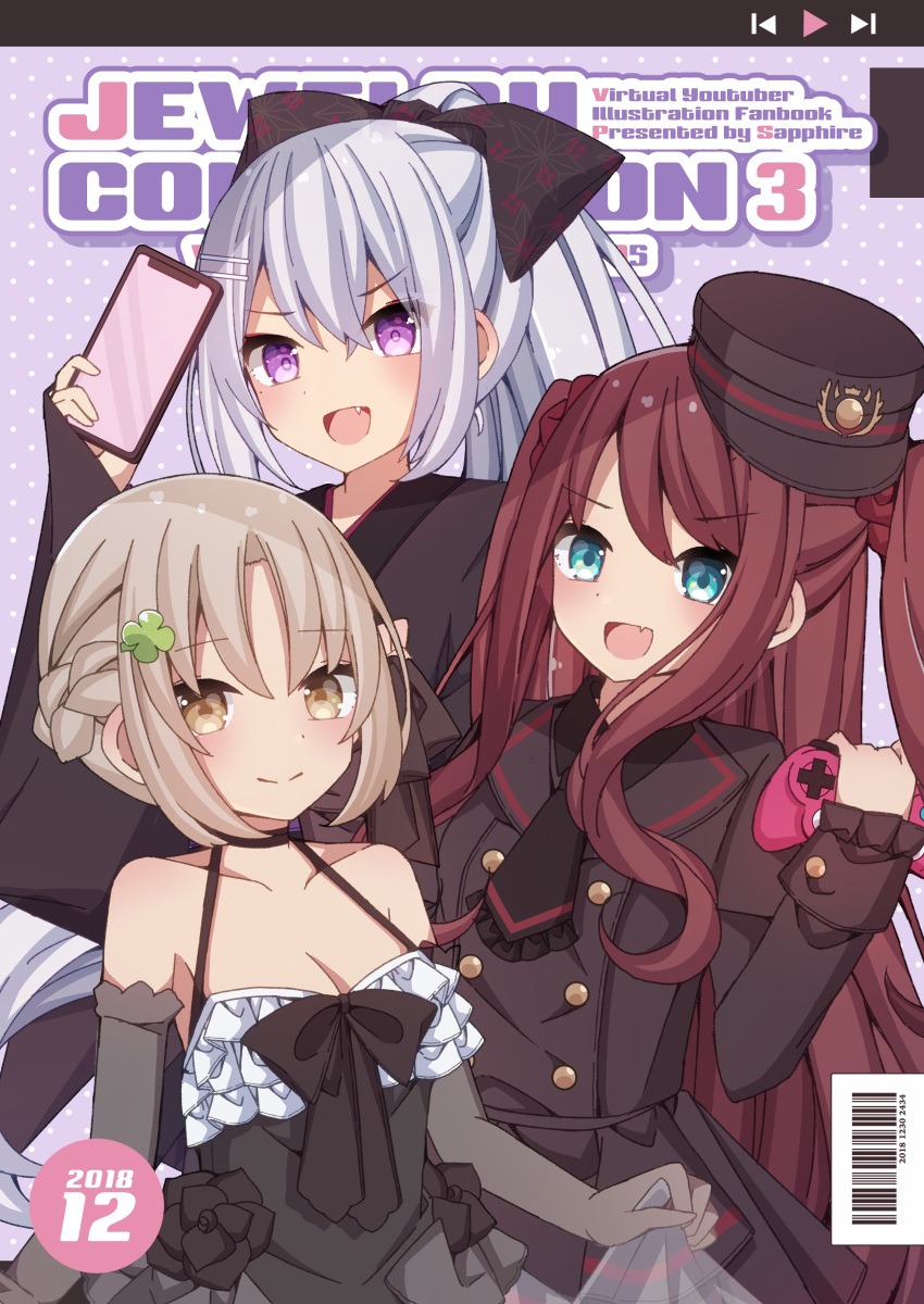 3girls :d absurdres akabane_youko bangs black_dress black_flower black_kimono black_neckwear black_rose blue_eyes blush bow breasts brown_bow brown_eyes brown_hair brown_hat brown_jacket cellphone cleavage closed_mouth controller dress elbow_gloves eyebrows_visible_through_hair fang flower game_controller gloves grey_gloves hair_between_eyes hair_bow hair_ornament hair_scrunchie hairclip hand_up hat high_ponytail highres higuchi_kaede holding holding_cellphone holding_phone jacket japanese_clothes kimono light_brown_hair long_hair long_sleeves medium_breasts multiple_girls necktie nijisanji open_mouth peaked_cap phone ponytail red_scrunchie rose sapphire_(sapphire25252) scrunchie see-through short_necktie sidelocks silver_hair sister_cleaire sleeveless sleeveless_dress sleeves_past_wrists smile two_side_up very_long_hair violet_eyes virtual_youtuber