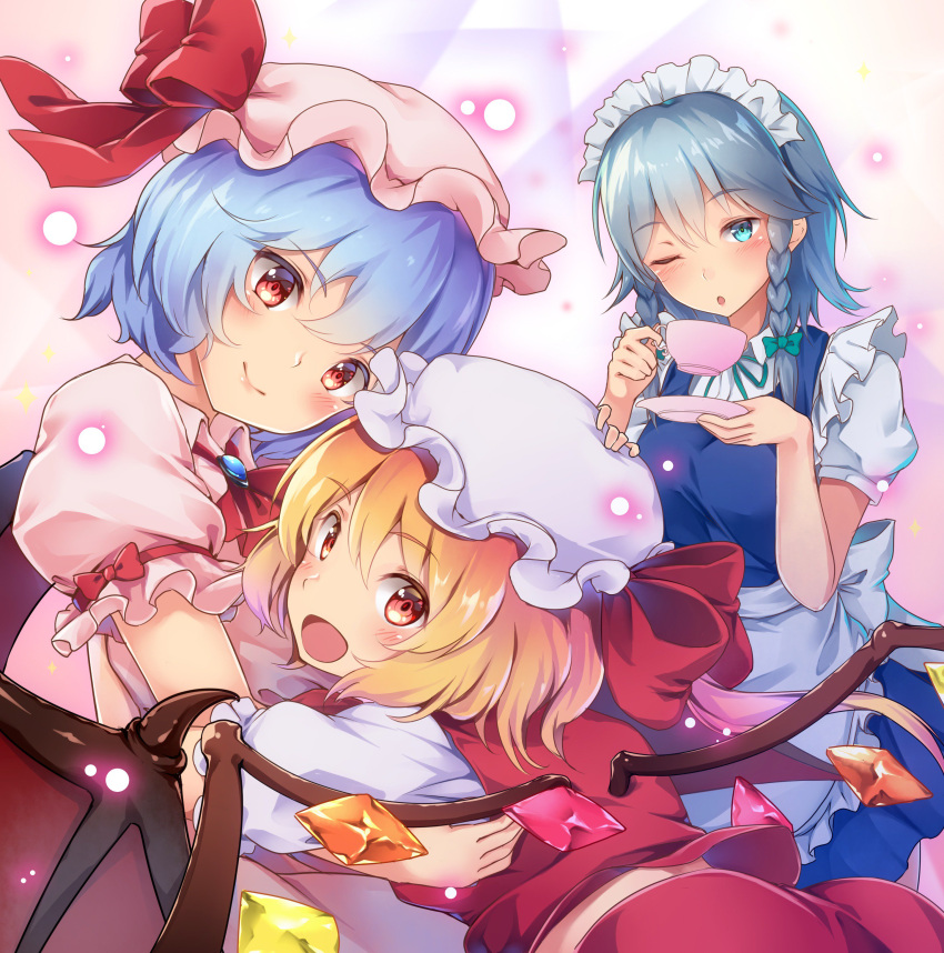 3girls ;o absurdres apron ascot bangs bat_wings bit_(keikou_syrup) blonde_hair blue_dress blue_eyes blue_hair blush bow braid breasts brooch commentary_request cowboy_shot crystal cup dish dress eyebrows_visible_through_hair flandre_scarlet from_behind green_bow green_ribbon hair_between_eyes hair_bow hand_on_another's_head hands_up hat hat_bow head_tilt highres holding holding_cup izayoi_sakuya jewelry looking_at_viewer looking_back maid maid_apron maid_headdress medium_breasts midriff_peek mob_cap multiple_girls neck_ribbon one_eye_closed parted_lips pink_dress pink_hat puffy_short_sleeves puffy_sleeves red_bow red_eyes red_neckwear red_skirt red_vest remilia_scarlet ribbon shirt short_hair short_sleeves siblings silver_hair sisters skirt skirt_set sparkle standing teacup touhou twin_braids vest waist_apron white_apron white_hat white_shirt wing_collar wings