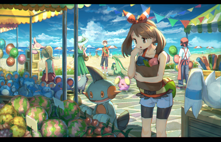 2boys 3girls apron bag balloon bare_arms beach beach_umbrella berries bike_shorts blue_sky bow brown_hair creature creatures_(company) day denim denim_shorts dog dress game_freak gen_2_pokemon gen_3_pokemon green_dress grovyle hair_bow hand_on_own_chin haruka_(pokemon) hat holding holding_bag innertube lady_(pokemon) looking_down marill market marshtomp merchant mouse multiple_boys multiple_girls nintendo ocean outdoors pants pippi_(pixiv_1922055) pokemon pokemon_(creature) pokemon_(game) pokemon_breeder_(pokemon) pokemon_oras ponytail poochyena school_kid_(pokemon) shopping shorts skitty sky sleeping stall stone_floor stone_walkway stuffed_toy sun_hat tuber_(pokemon) umbrella whismur wingull yuuki_(pokemon)